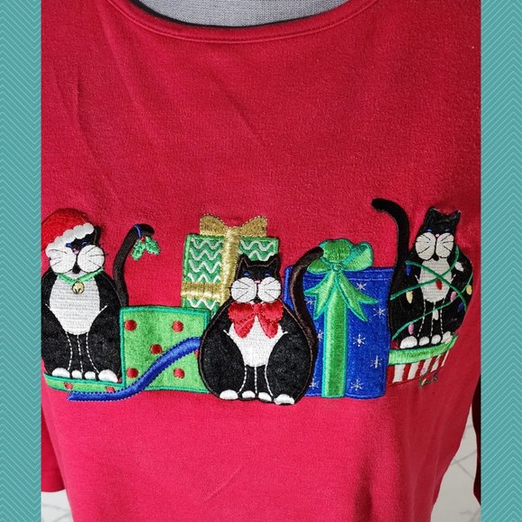 Allyson Whitmore Red Christmas Cats Embroidered Tee - Picture 2 of 5
